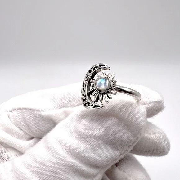 Genuine Rainbow Moonstone .825 Sterling Silver Filigree Crescent Moon & Sun Ring - Picture 8 of 17